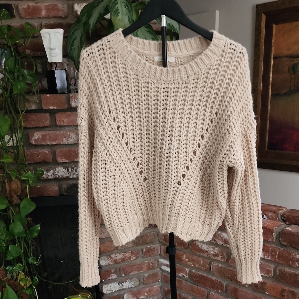 Mable Cozy Beige Chunky Knit Sweater Open Weave Pullover